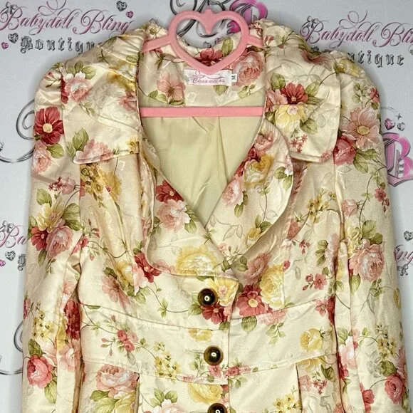 Floral coat pea coat long flowers peach orange pink light cream shiny shimmer - Picture 6 of 7